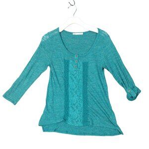 MAURICES‎ Womens Top SZ M Henley Burnout 3/4 Sleeves Teal Lace Floral Boho